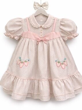 Vintage Baby Girl Strawberry Dress Pink White Puff Sleeve Ruffle Hem Heirloom